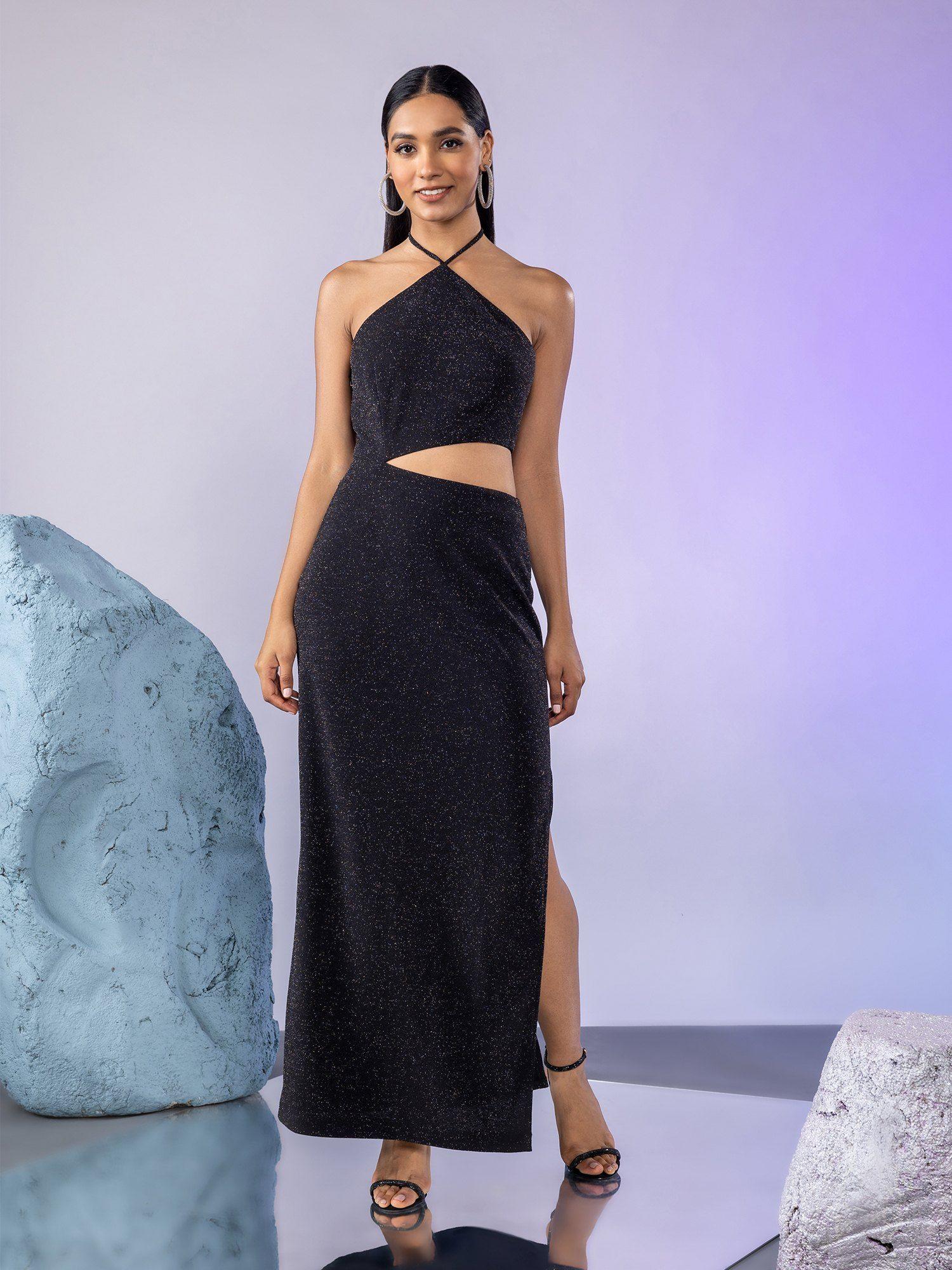 black shimmer halter neck sheath maxi dress