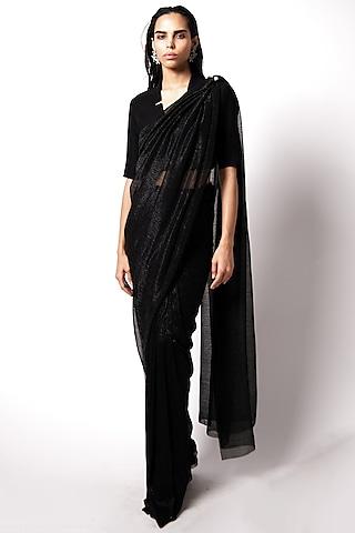 black shimmer net pre-draped saree set