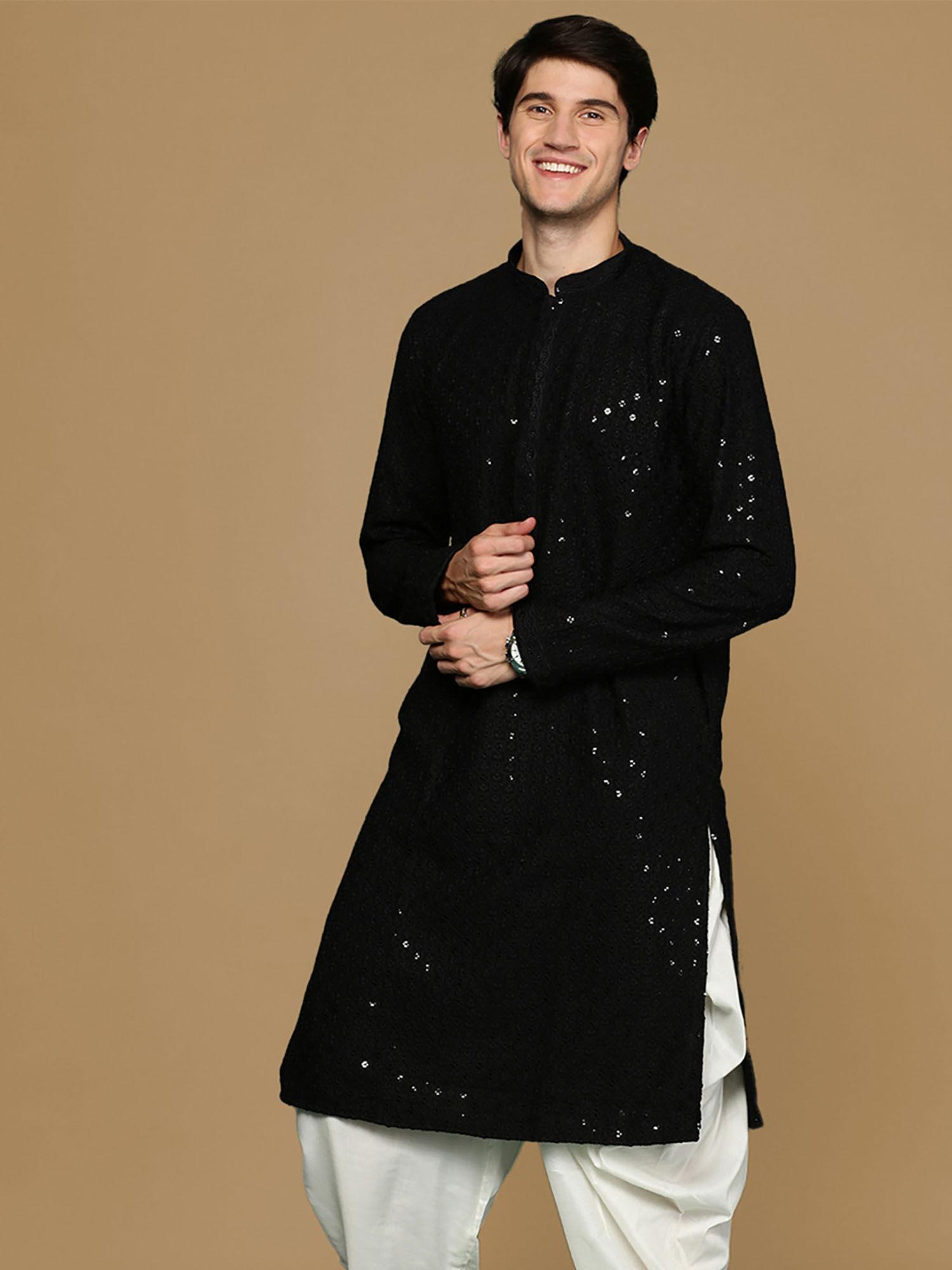 black shimmering elegance men's chikankari kurta with sequins