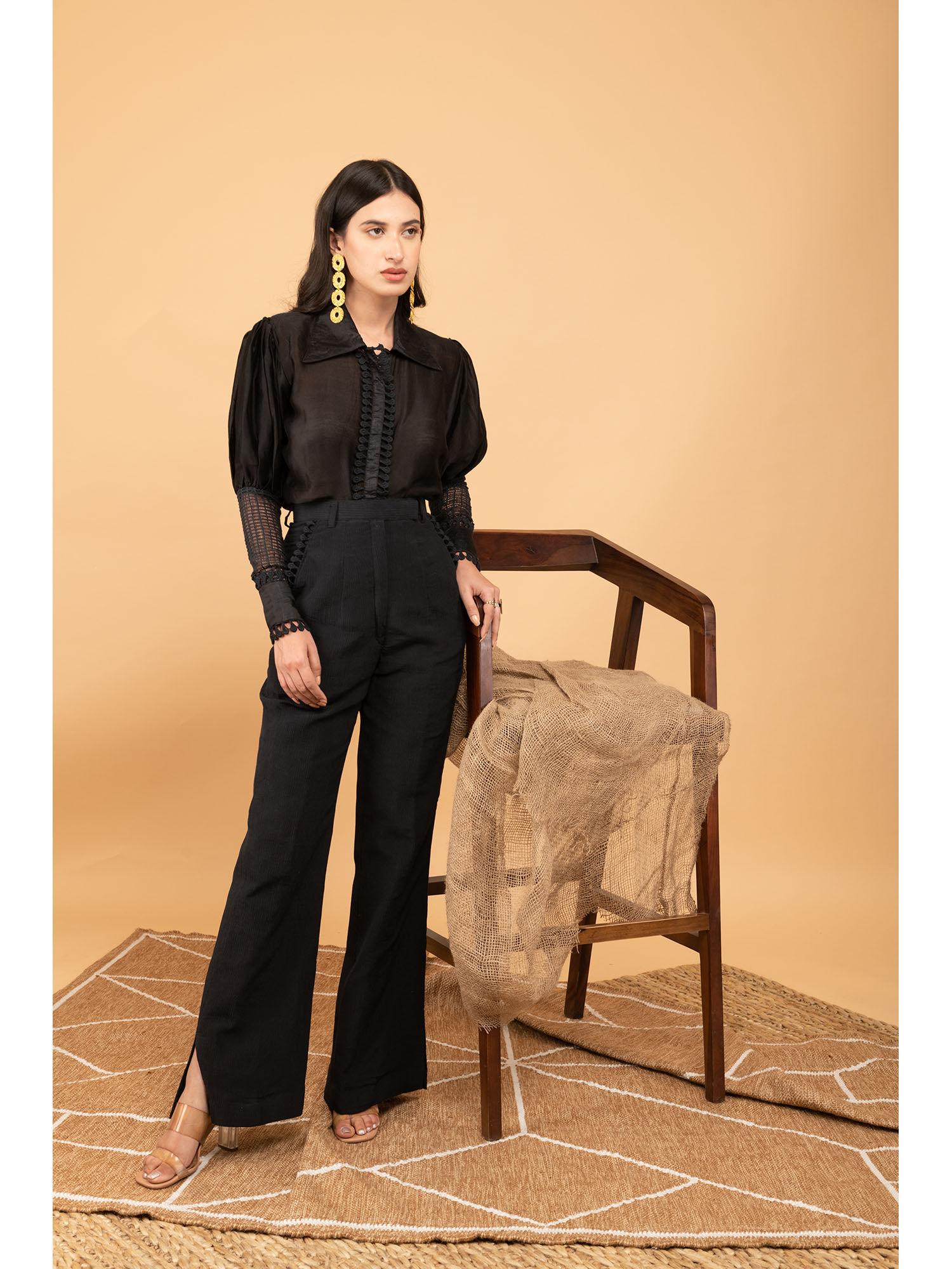 black shirt with black crinkle crepe pants detailed with lace (set of 2)