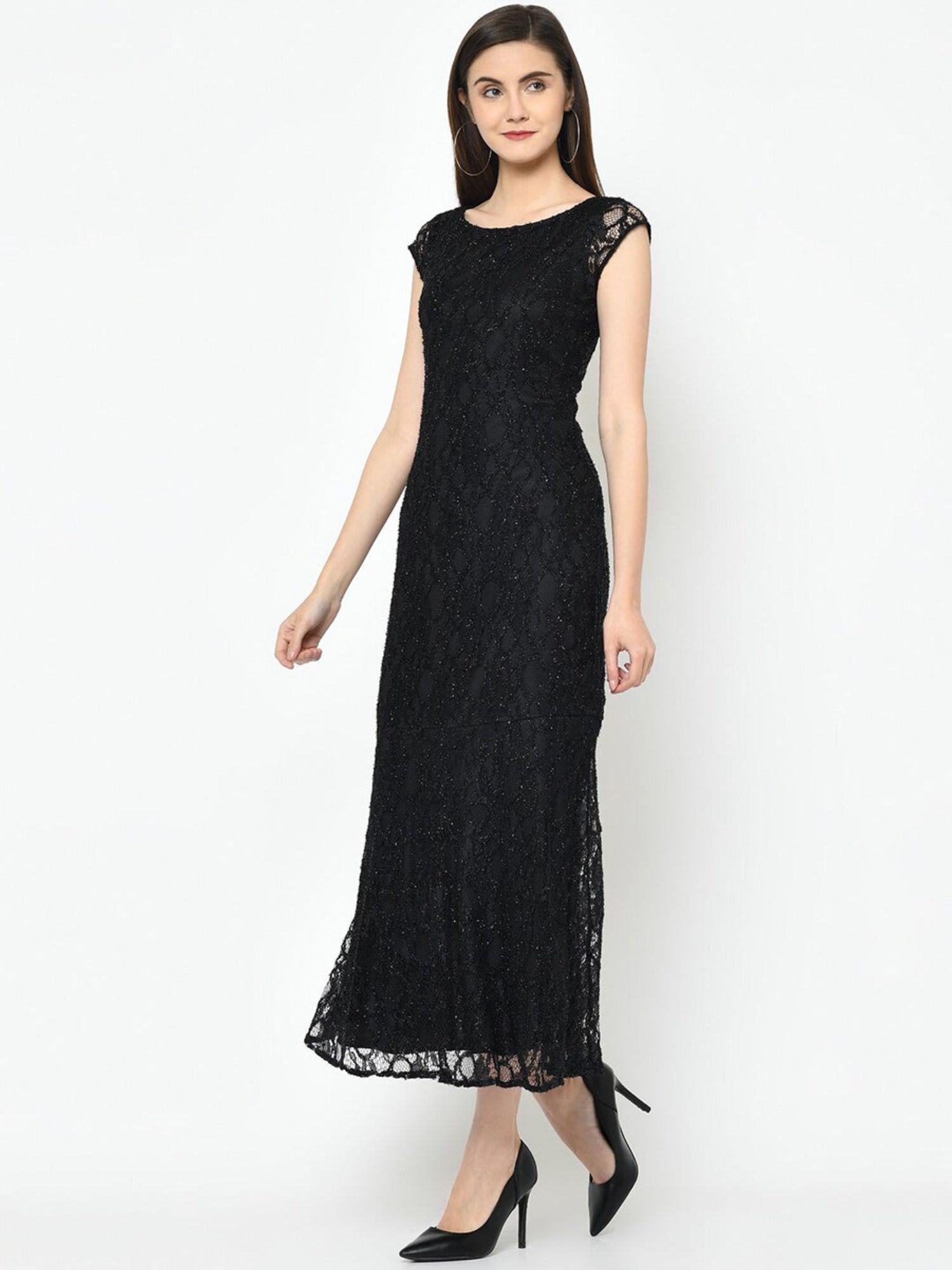 black short sleeves round neck solid maxi dress for party wear