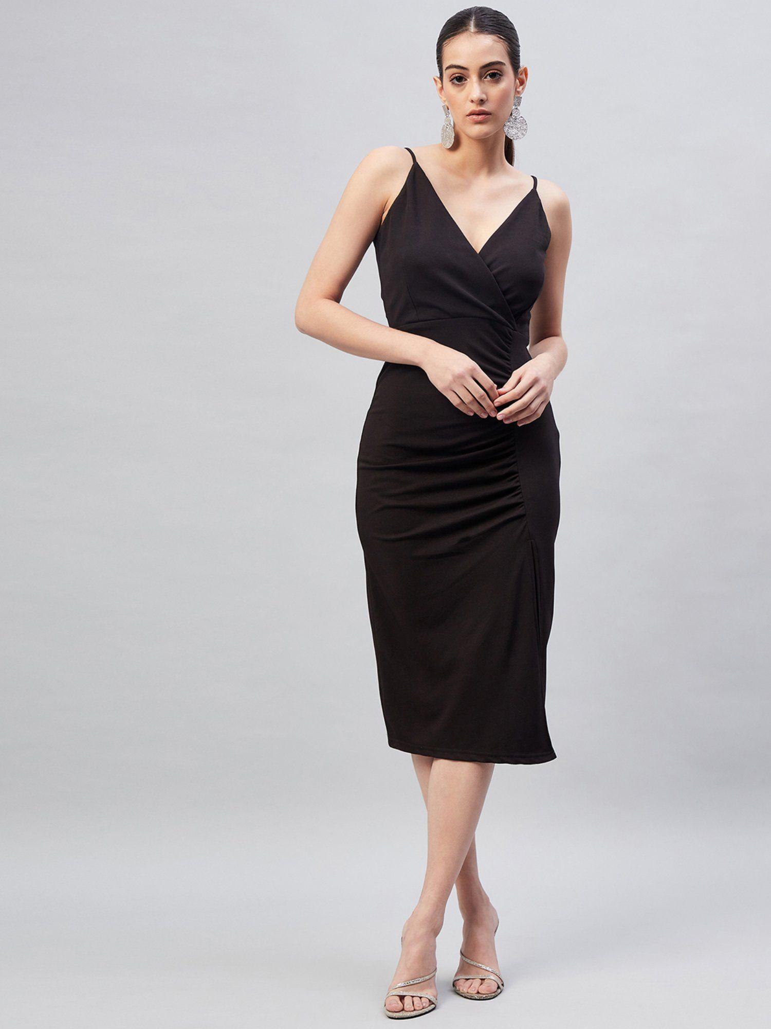 black shoulder straps sheath midi dress