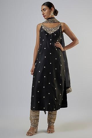 black silk & organza silk mirror embroidered strappy kurta set