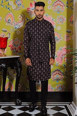 black silk & stretch cotton printed kurta set