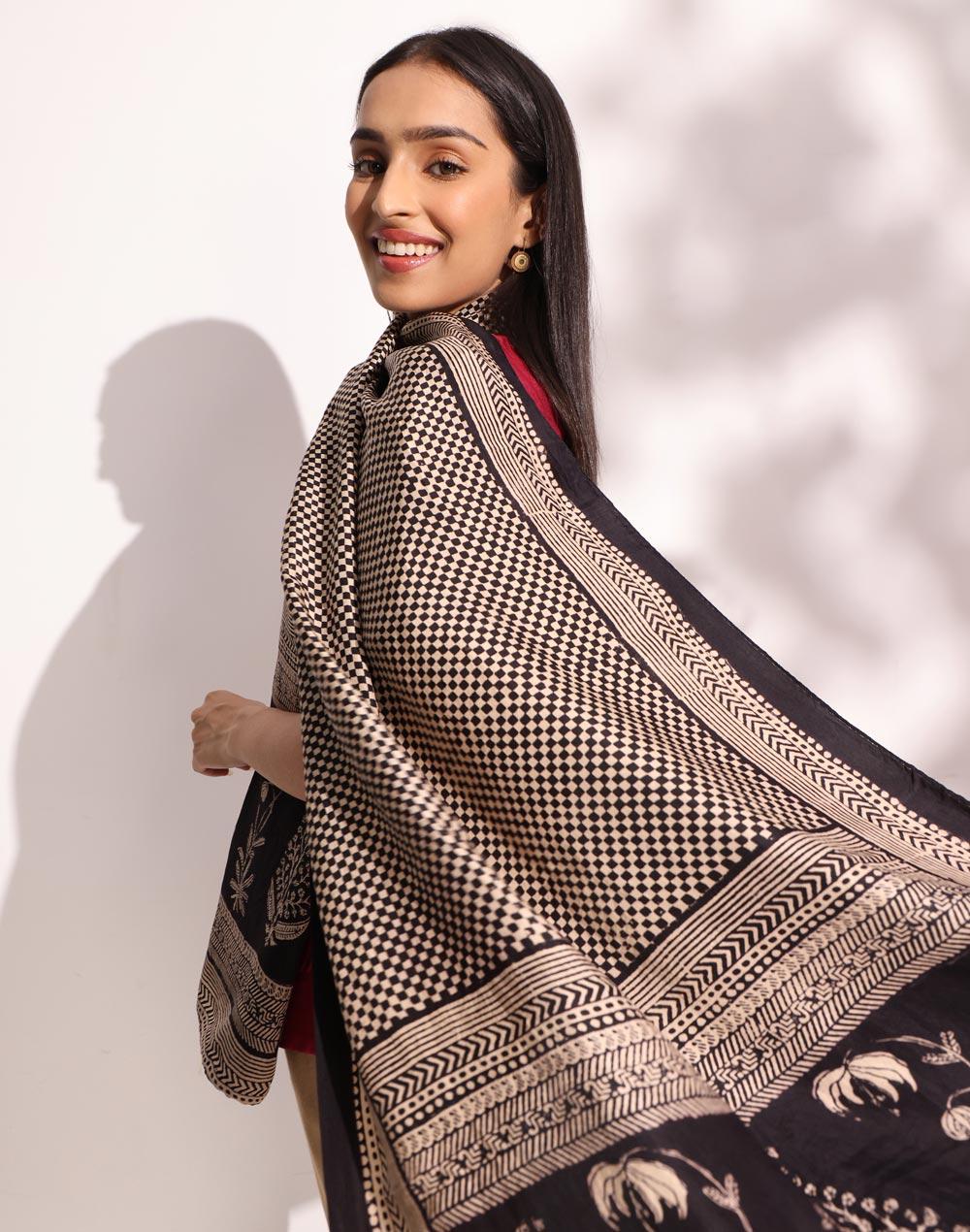 black silk bagh printed stole