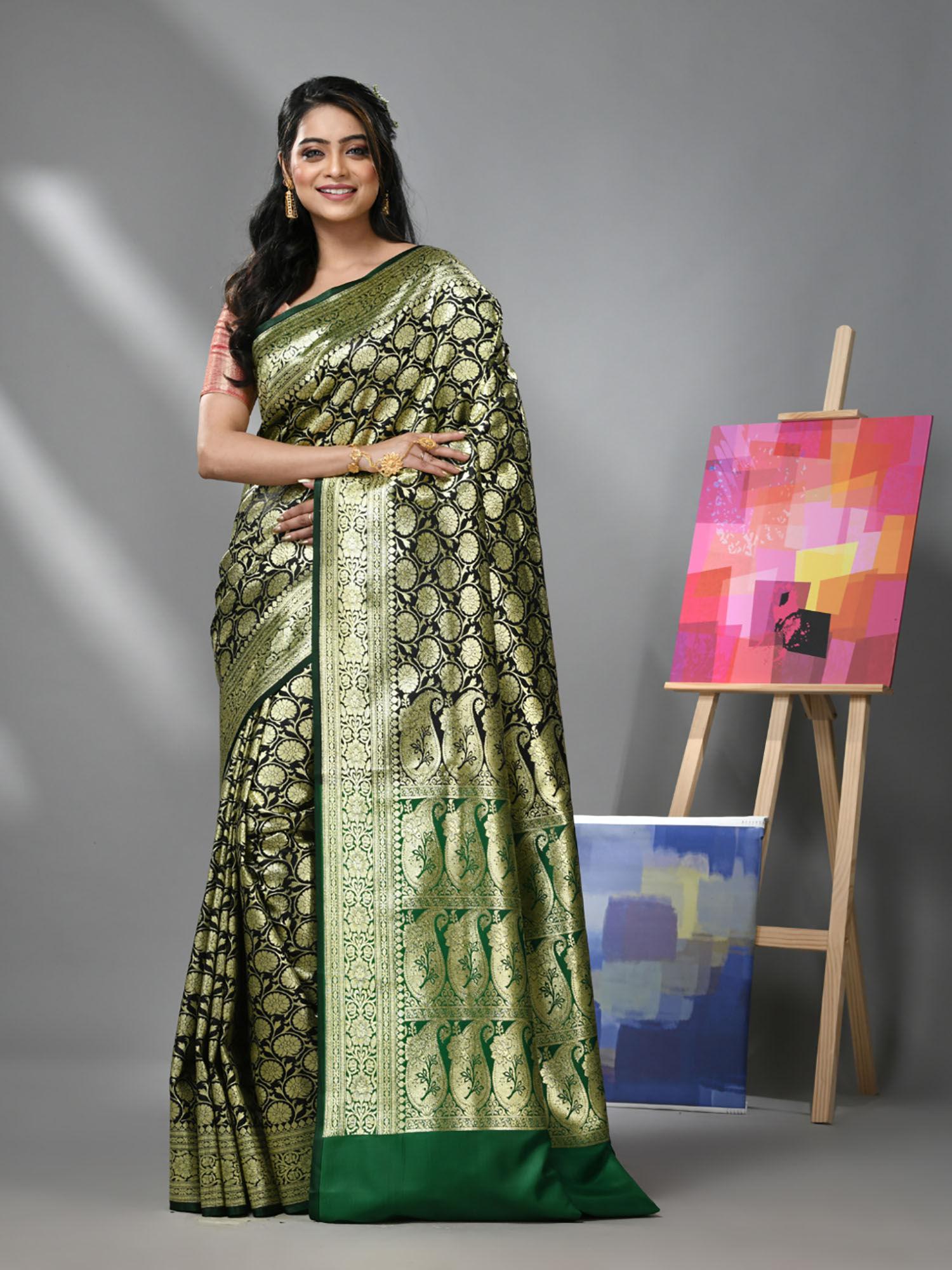 black silk banarasi saree with zari woven designs & unstitched blouse