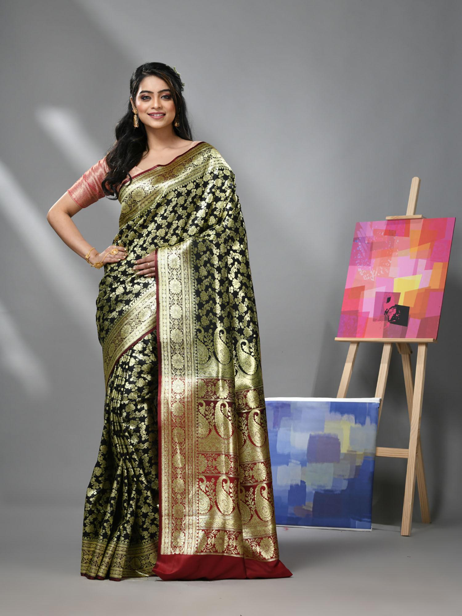 black silk banarasi saree with zari woven designs & unstitched blouse