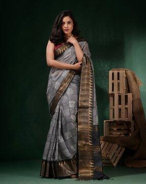 black silk blend handwoven soft saree with texture block print saree