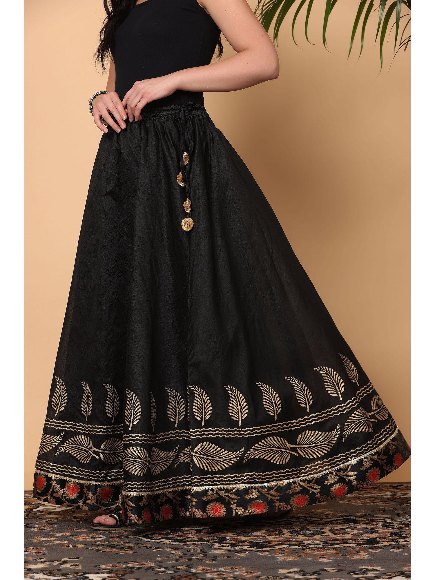 black silk block printed skirt