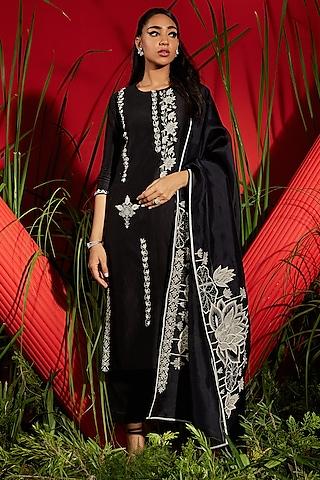 black silk chanderi embroidered kurta set