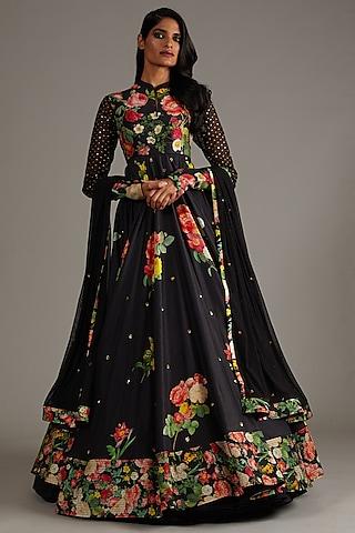 black silk chanderi printed & embroidered anarkali set