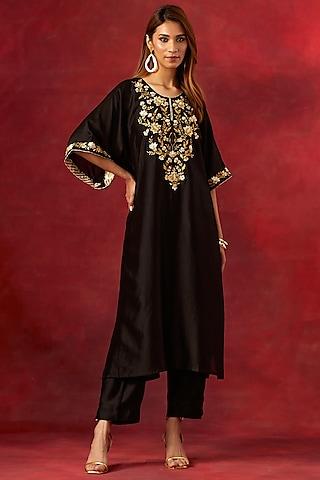 black silk chanderi resham embroidered kurta set