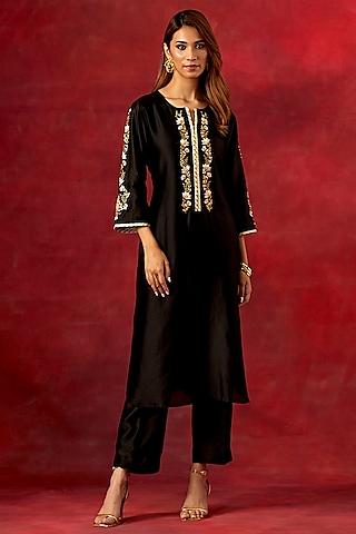 black silk chanderi resham embroidered kurta set