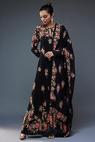 black silk chiffon floral embroidered anarkali set