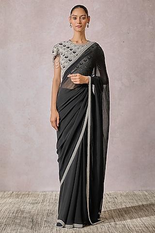 black silk chiffon pearl work draped saree set