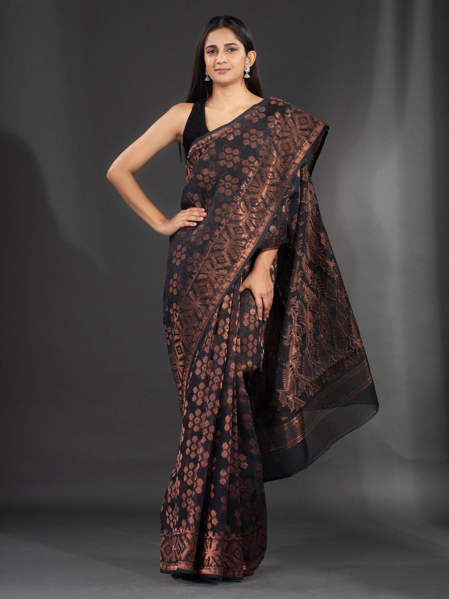 black silk cotton hand woven jamdani saree with copper zari