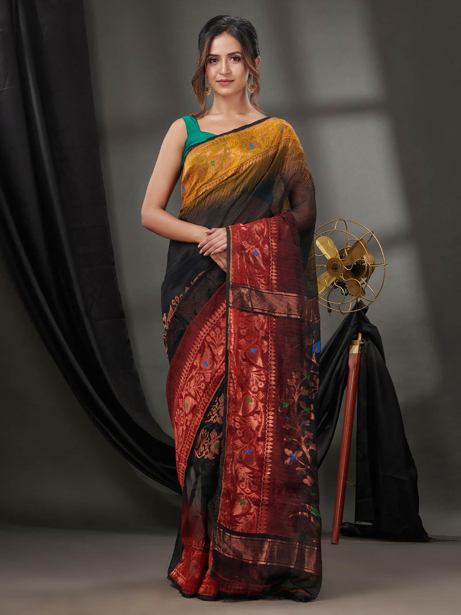 black silk cotton jamdhani handwoven saree without blouse & zari woven designs