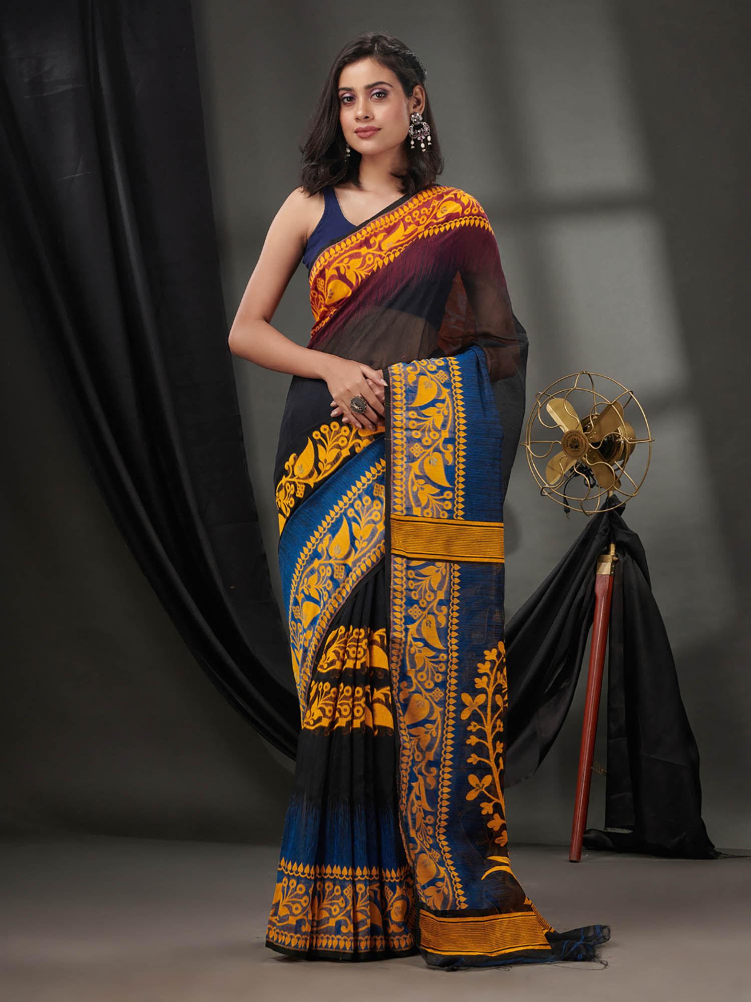 black silk cotton jamdhani handwoven saree without blouse & zari woven designs