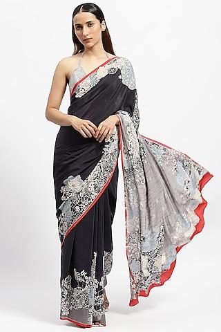 black silk crepe embellished saree