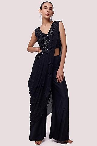 black silk cutdana & tikki embellished draped pant saree set