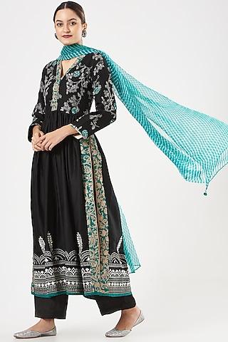 black silk embroidered kurta set
