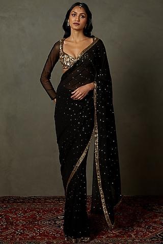 black silk embroidered saree set