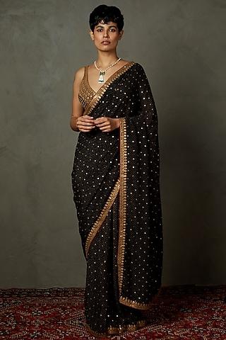 black silk embroidered saree set