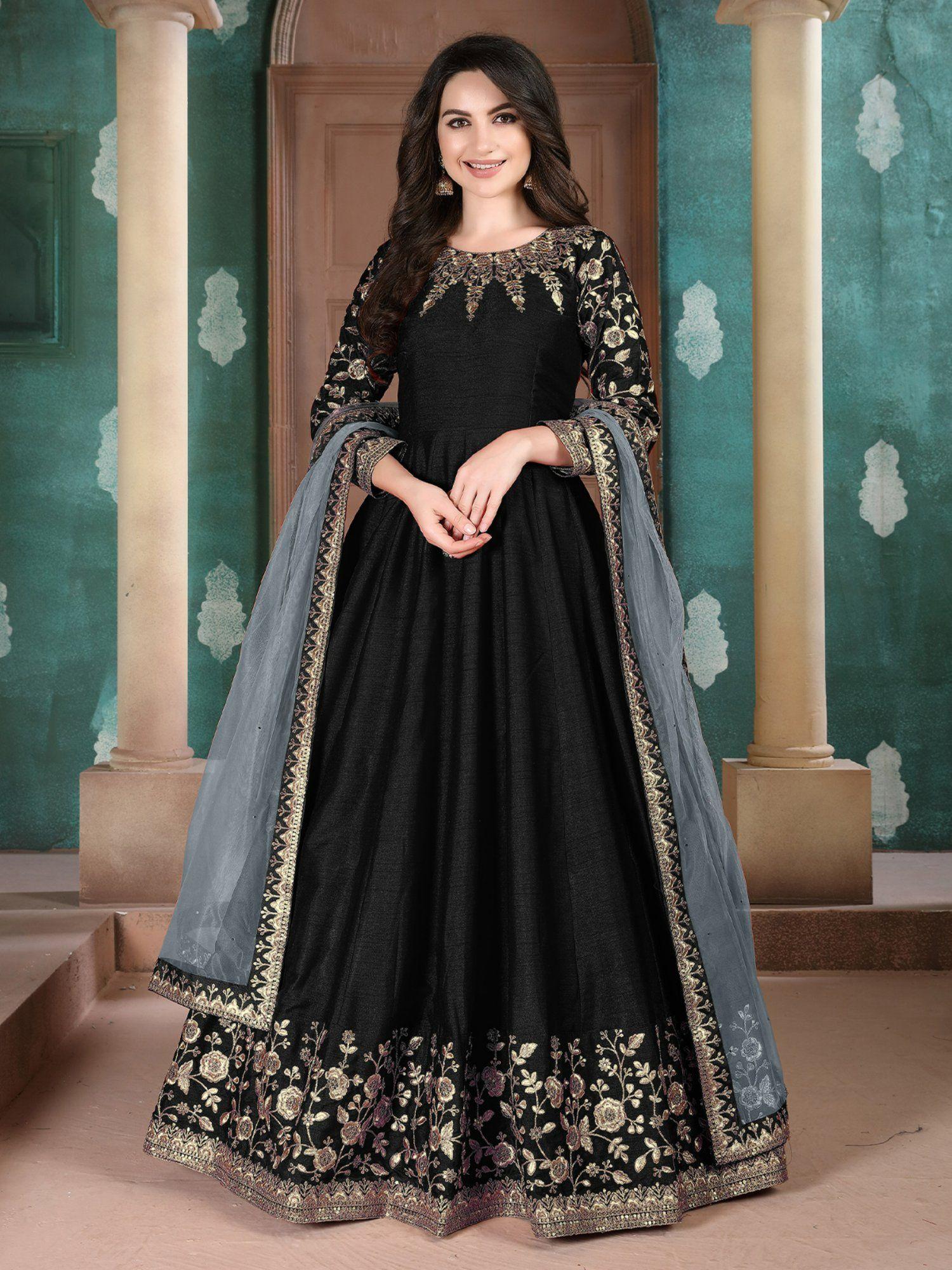 black silk embroidered semi stitched dress material (set of 3)