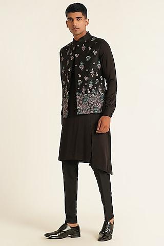 black silk floral embroidered nehru jacket