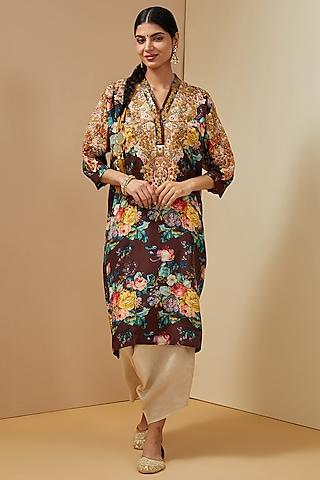 black silk floral printed kurta set