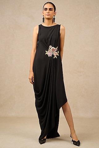 black silk georgette floral embroidered dress