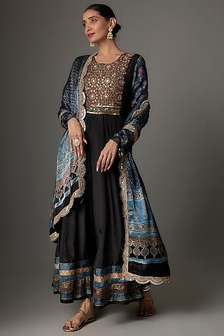 black silk hand embroidered anarkali set