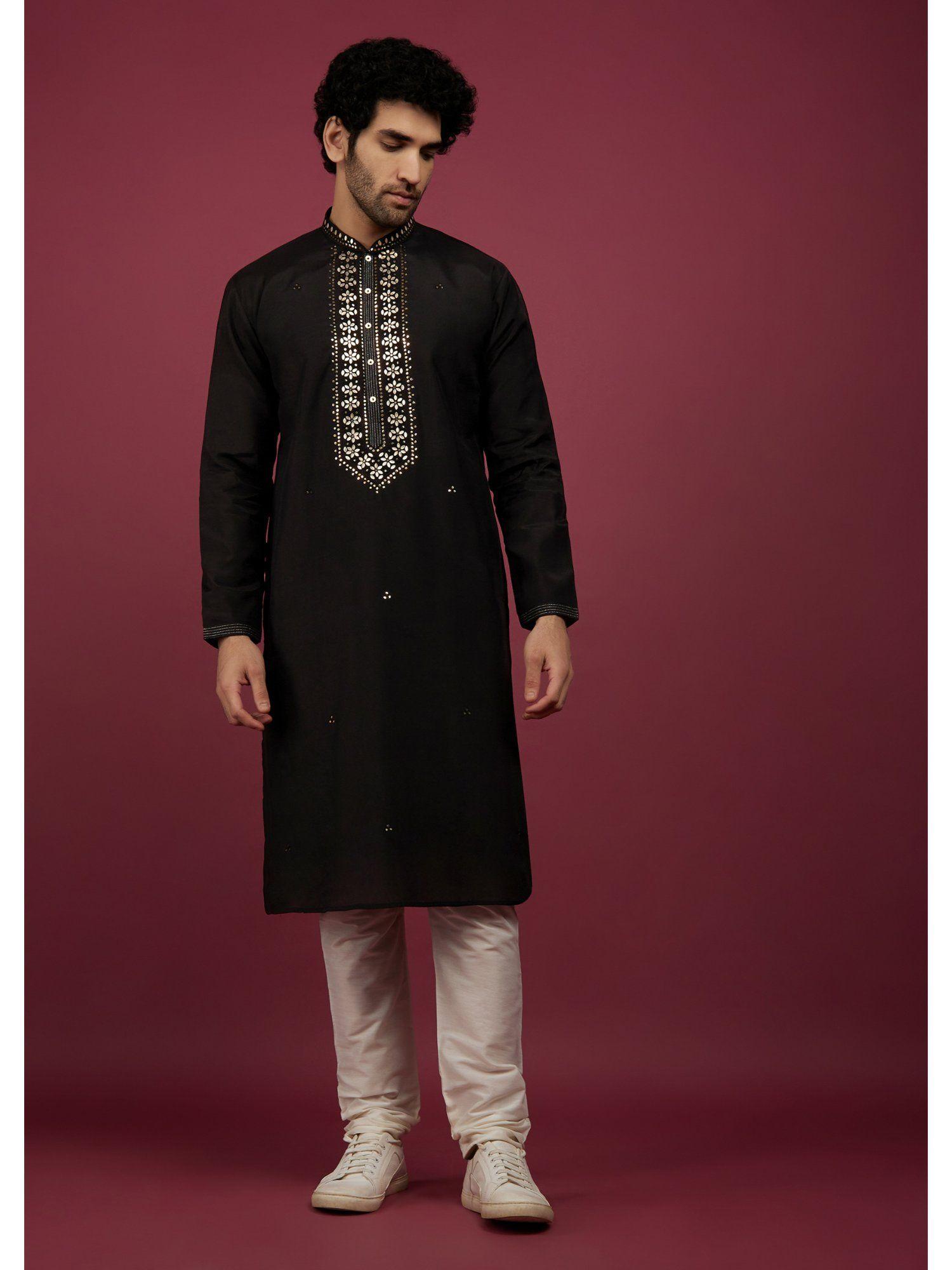 black silk kurta in leather work on yoke (set of 2)