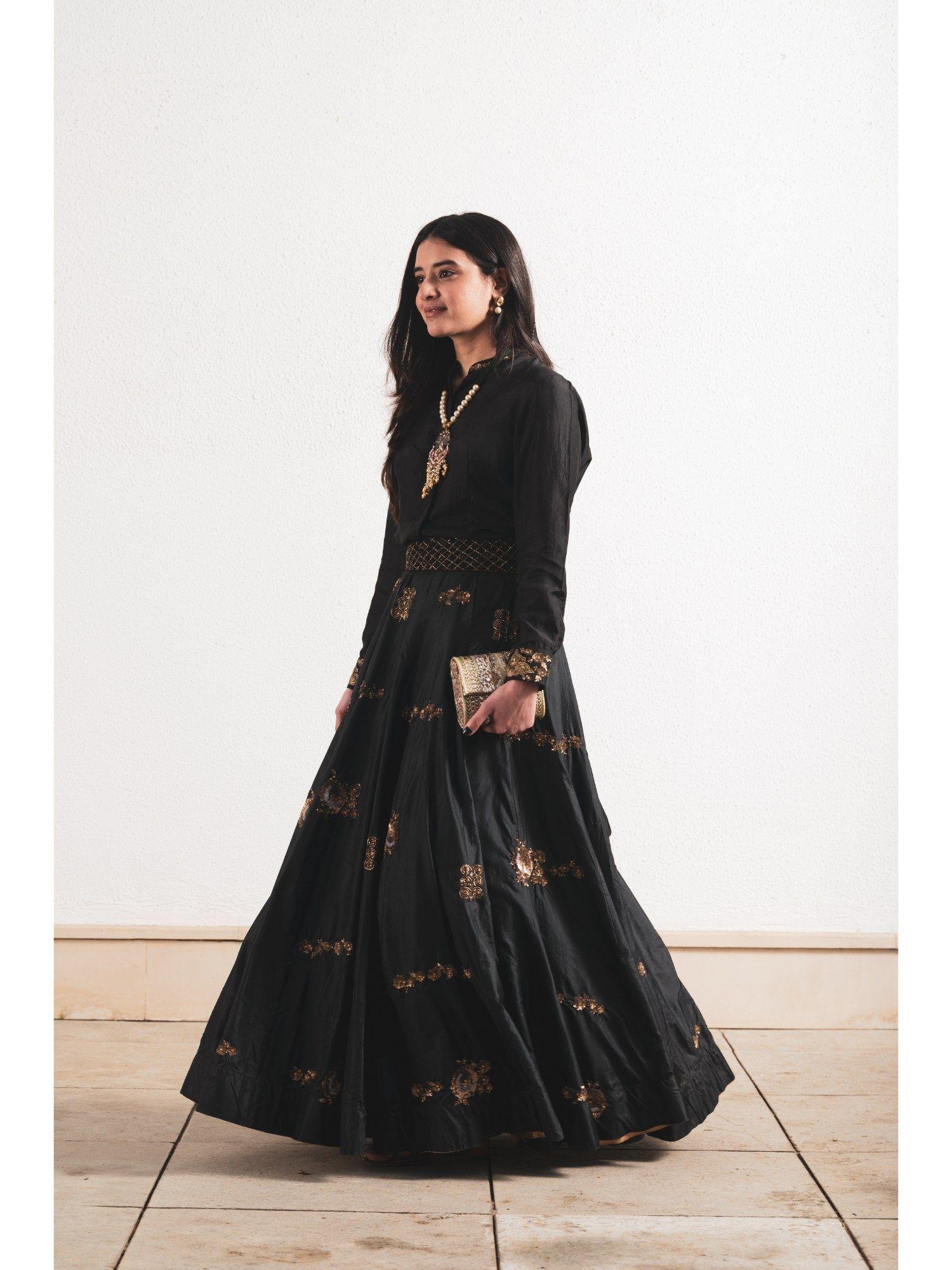 black silk lehenga with hand embroidery shirt and belt (set of 3)