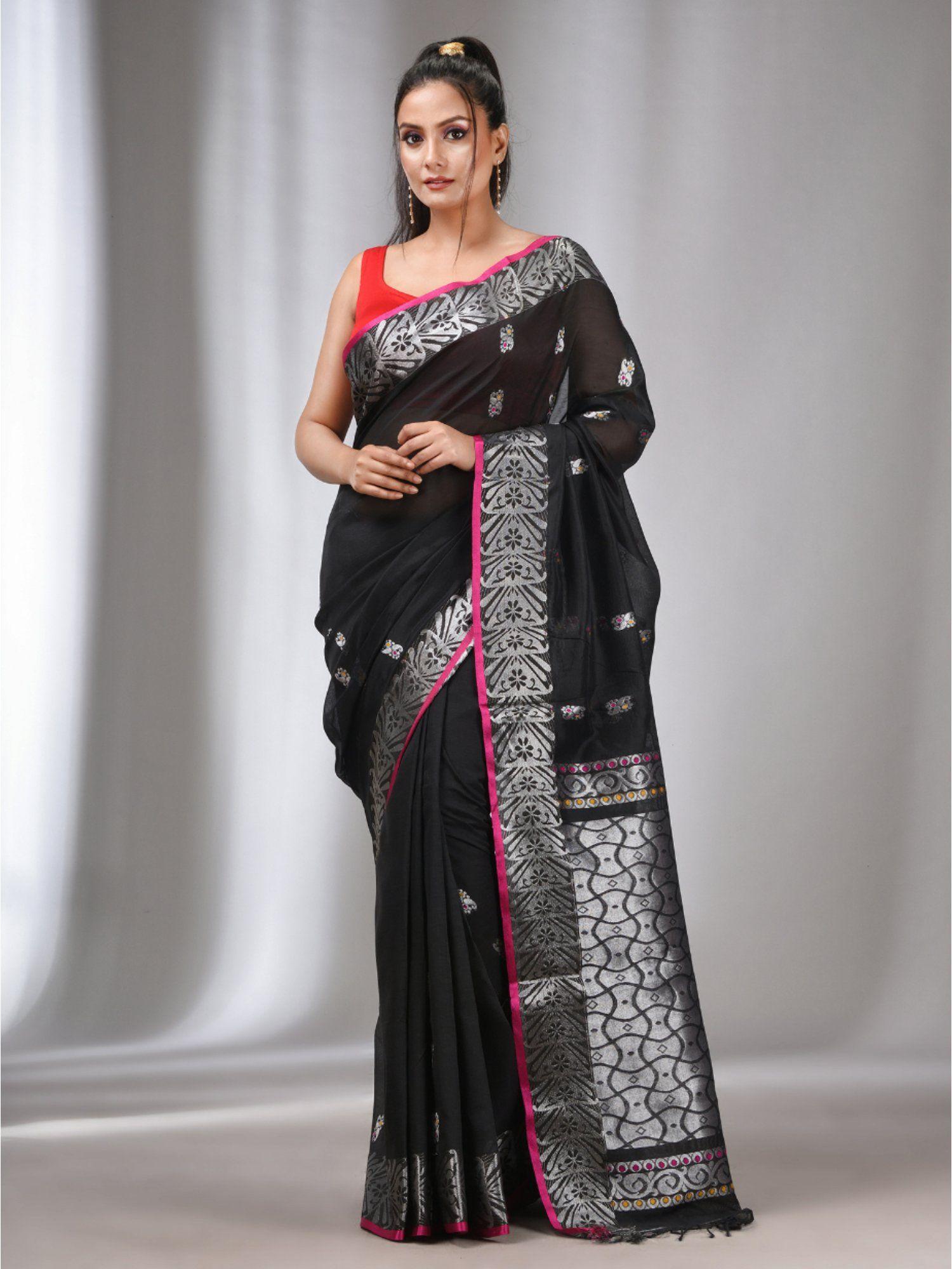 black silk matka handwoven saree with texture border with unstitched blouse