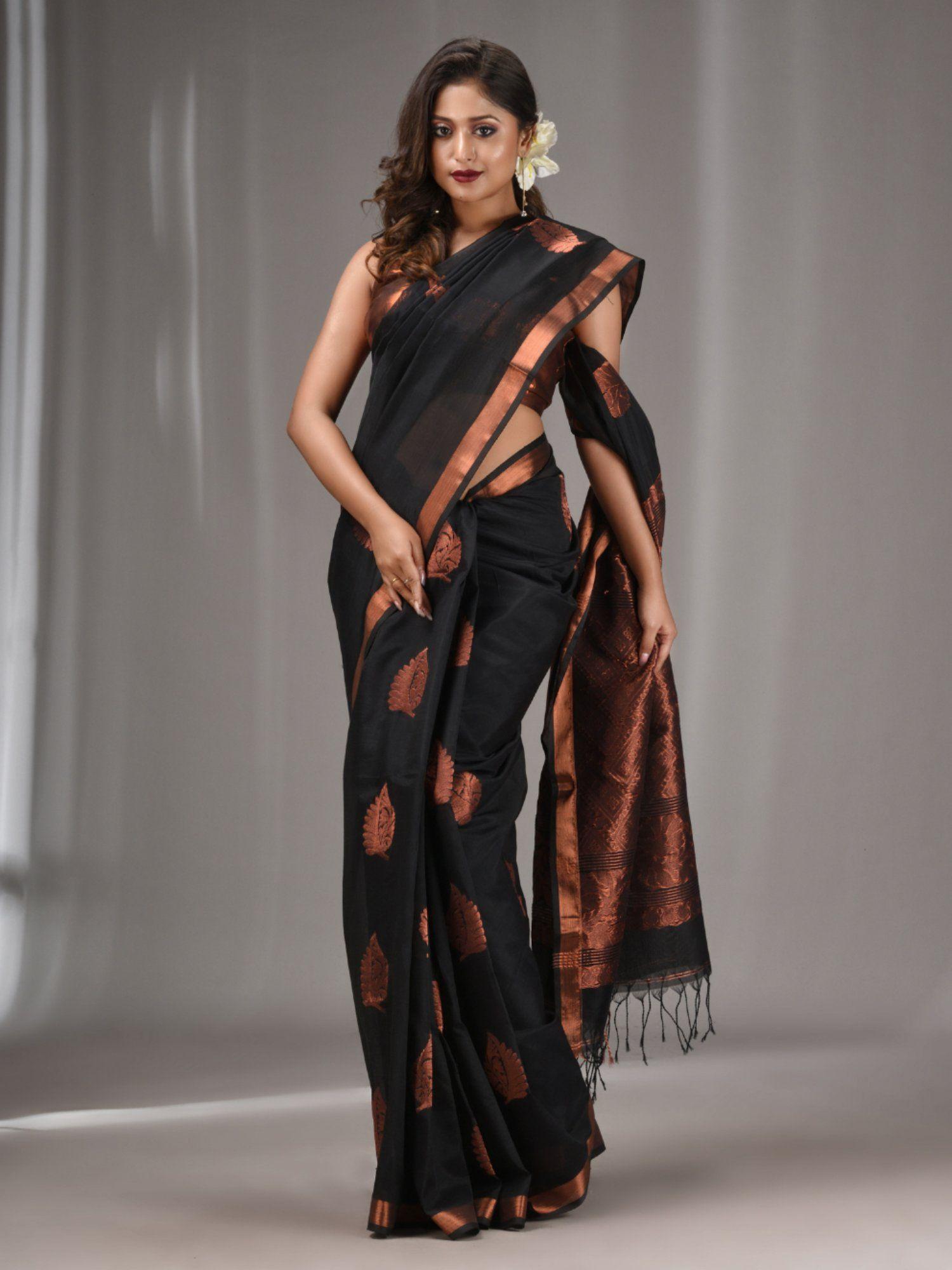 black silk matka handwoven saree with woven zari border with unstitched blouse