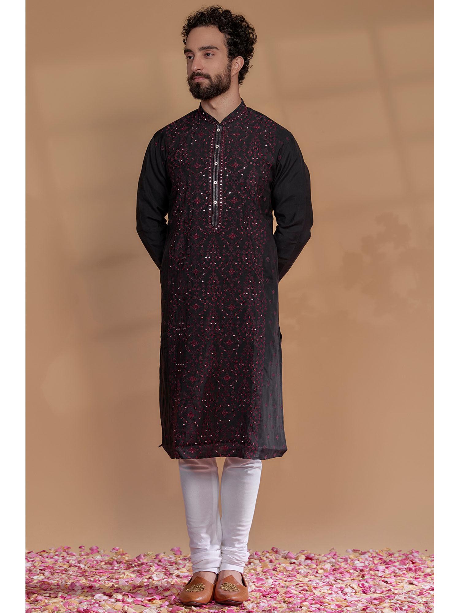 black silk mirror embroidered kurta with churidar (set of 2)