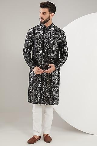 black silk mirror work kurta set