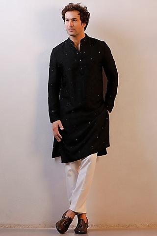 black silk mirror work kurta set