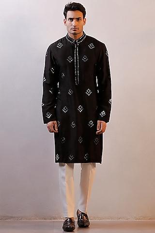 black silk mirror work kurta set