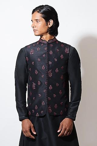 black silk motif embroidered bundi jacket