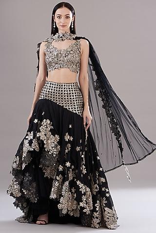 black silk organza embroidered asymmetric lehenga set