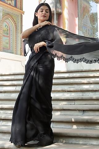 black silk organza embroidered handcrafted saree set