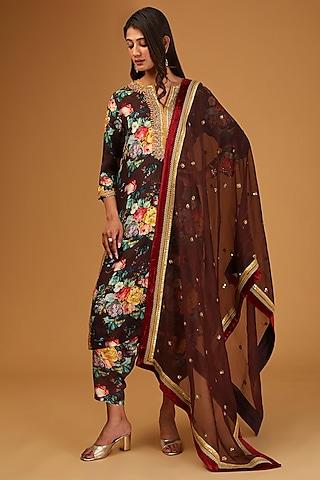 black silk printed & embroidered scalloped kurta set