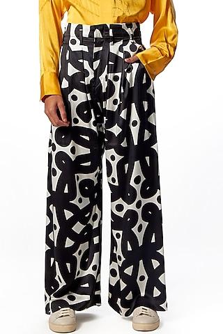 black silk printed high-waisted trousers