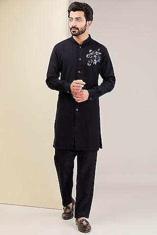 black silk resham embroidered kurta set