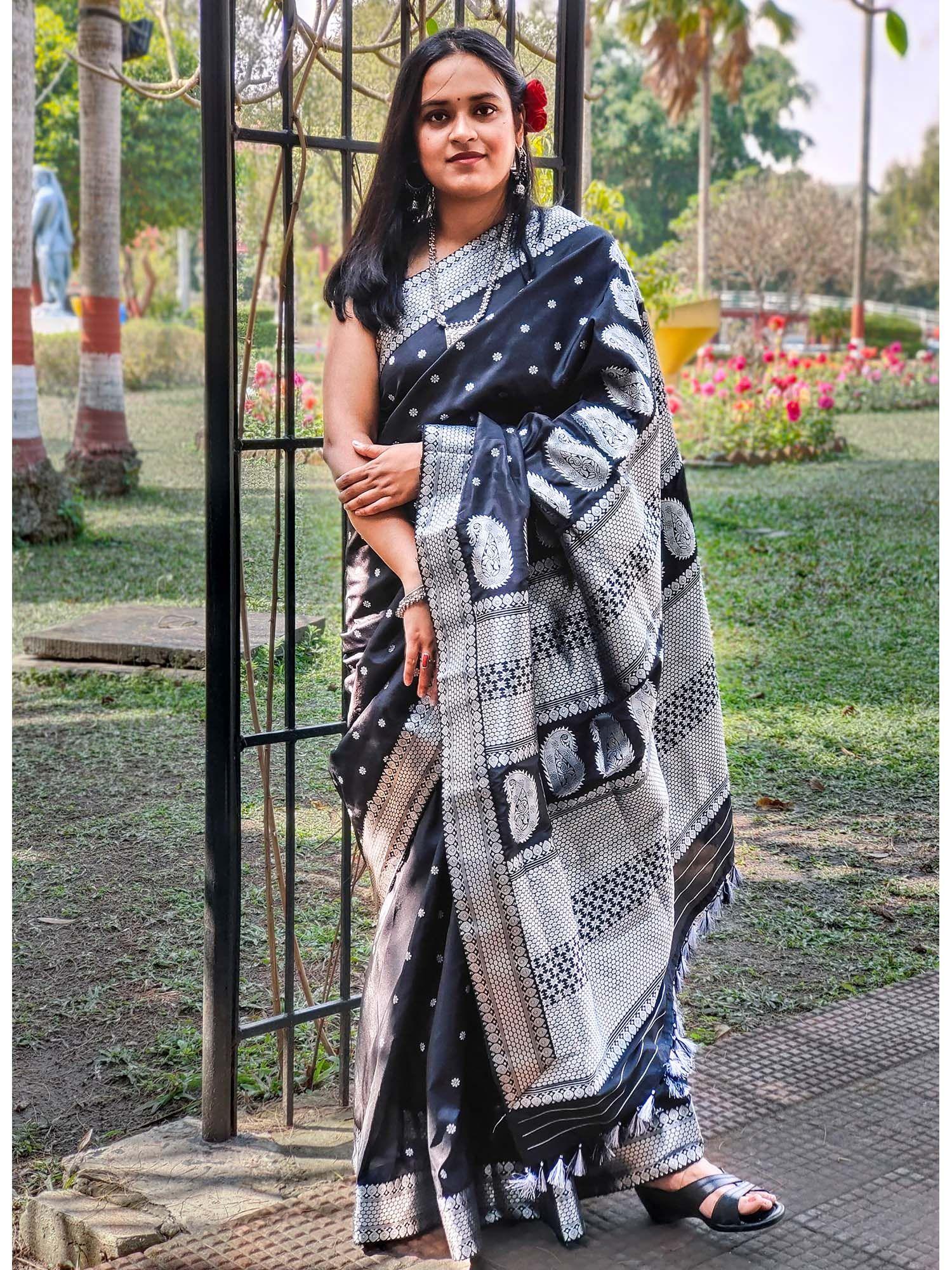 black silk saree with unstitched blouse by apaapi