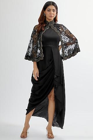 black silk satin & net gown with cape