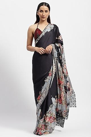 black silk satin applique embellished saree