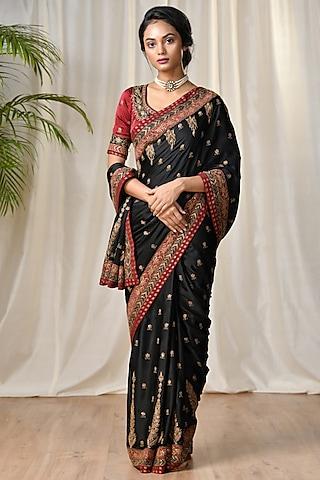 black silk satin hand & machine embroidered saree set